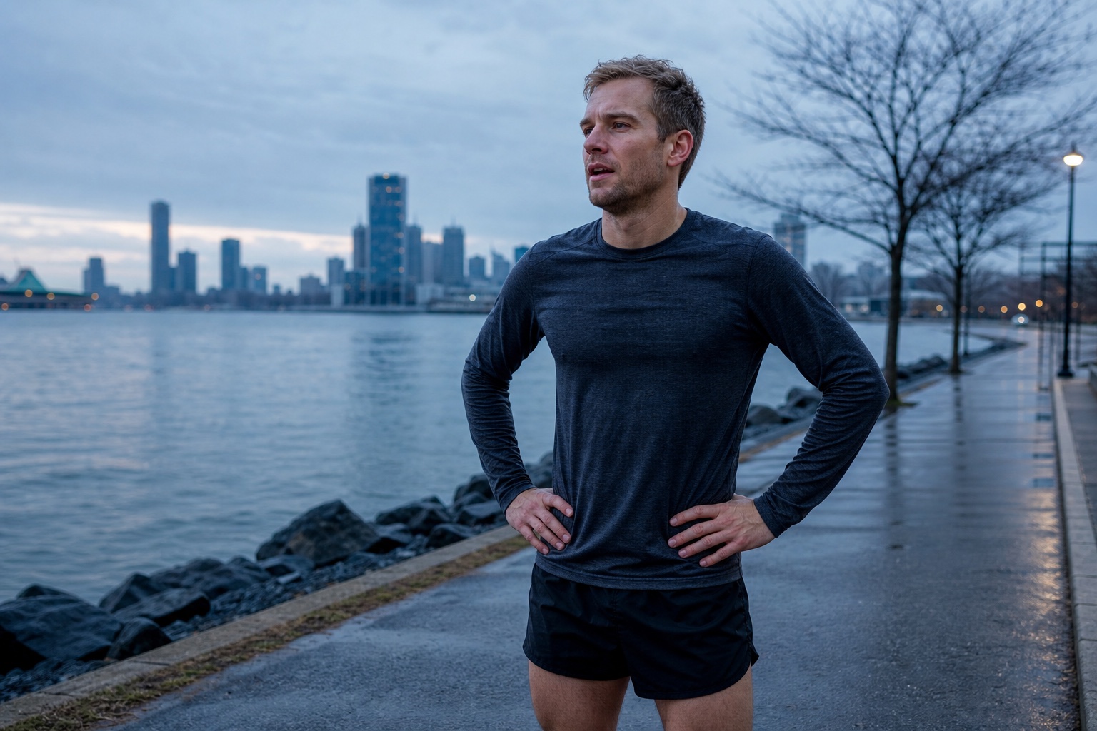 Runner recovering after an outdoor waterfront session