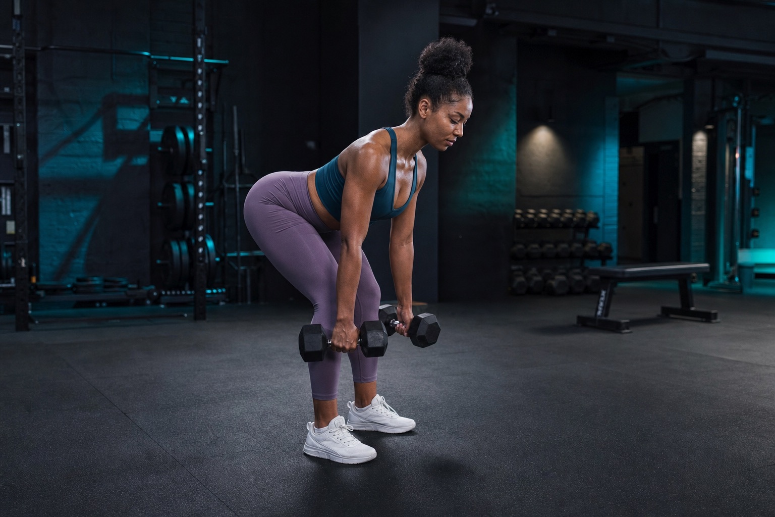 Athlete strength training with dumbbells in a gym